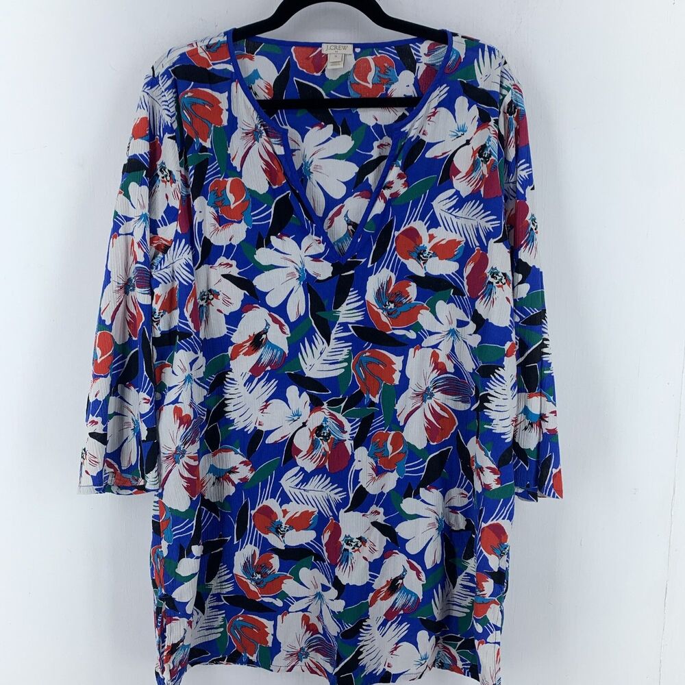 J Crew Womens XL Tunic Top Artsy Multicolor Floral Gauzy Crinkle‎ Coastal Beach